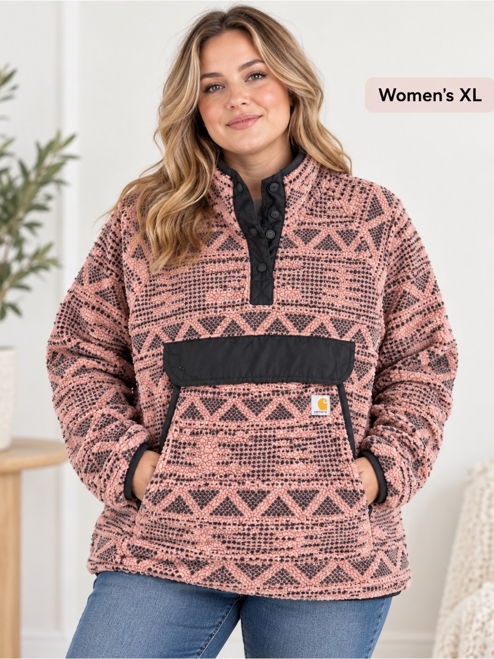 Carhartt Women's XL Pink and Black Patterned Sherpa Pullover